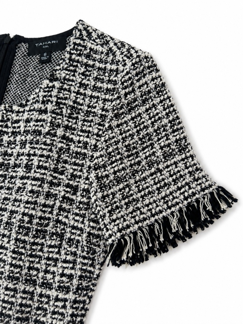 Tahari ASL Black & White Tweed Fringe Sheath Dress 6 - Picture 4 of 7